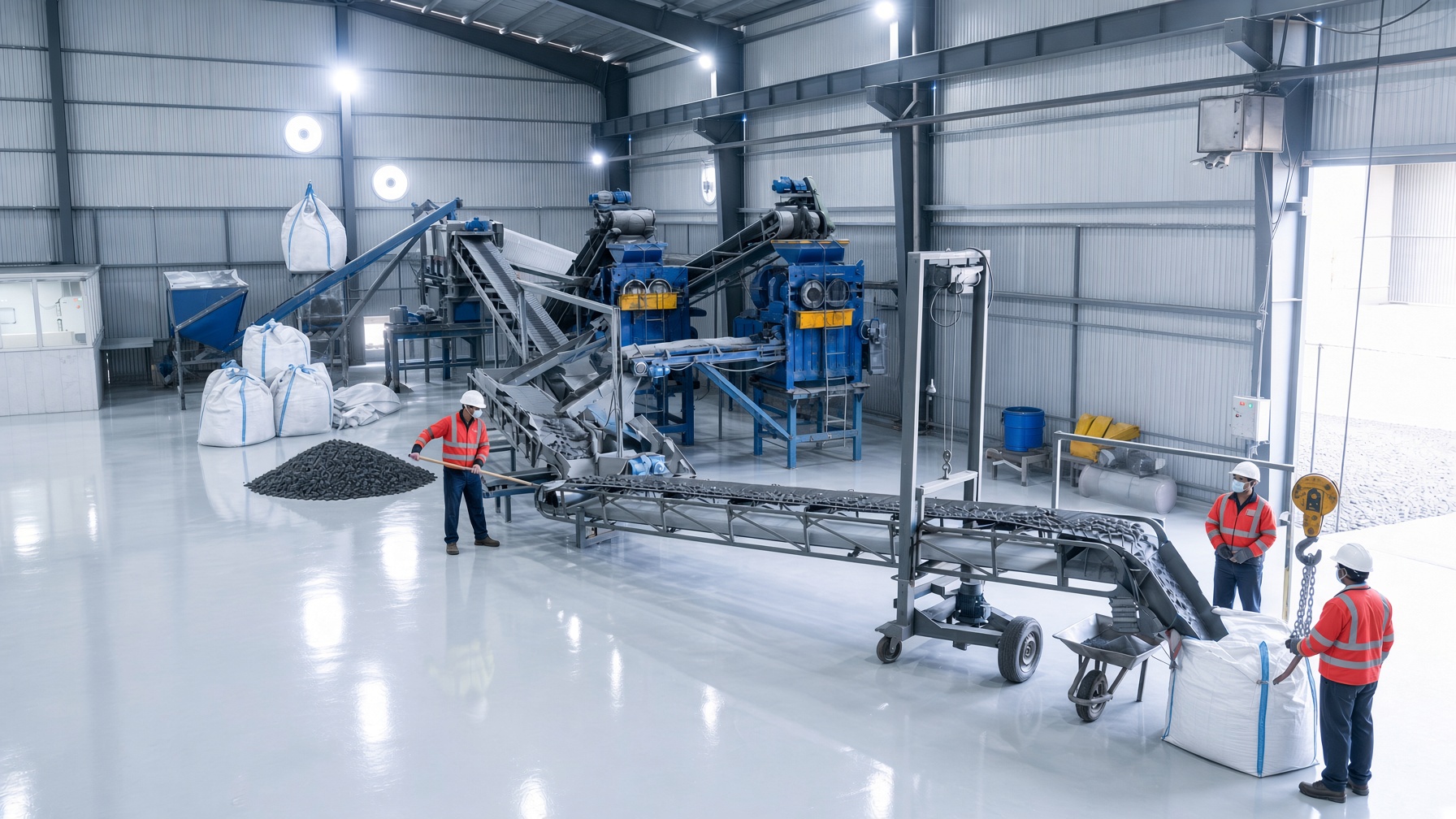 Workers operating a briquette production line with conveyors and bulk bags