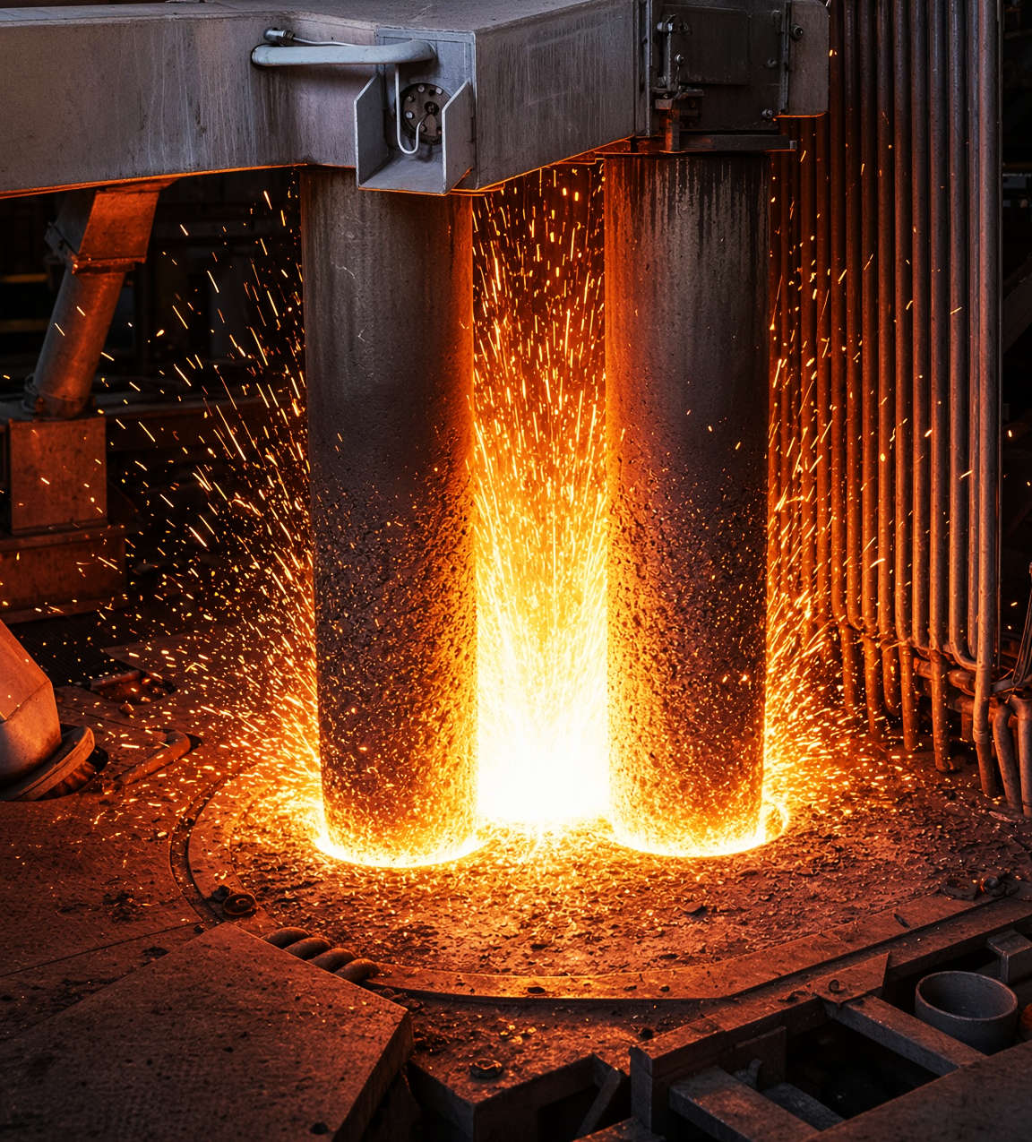 Industrial furnace electrodes surrounded by bright sparks