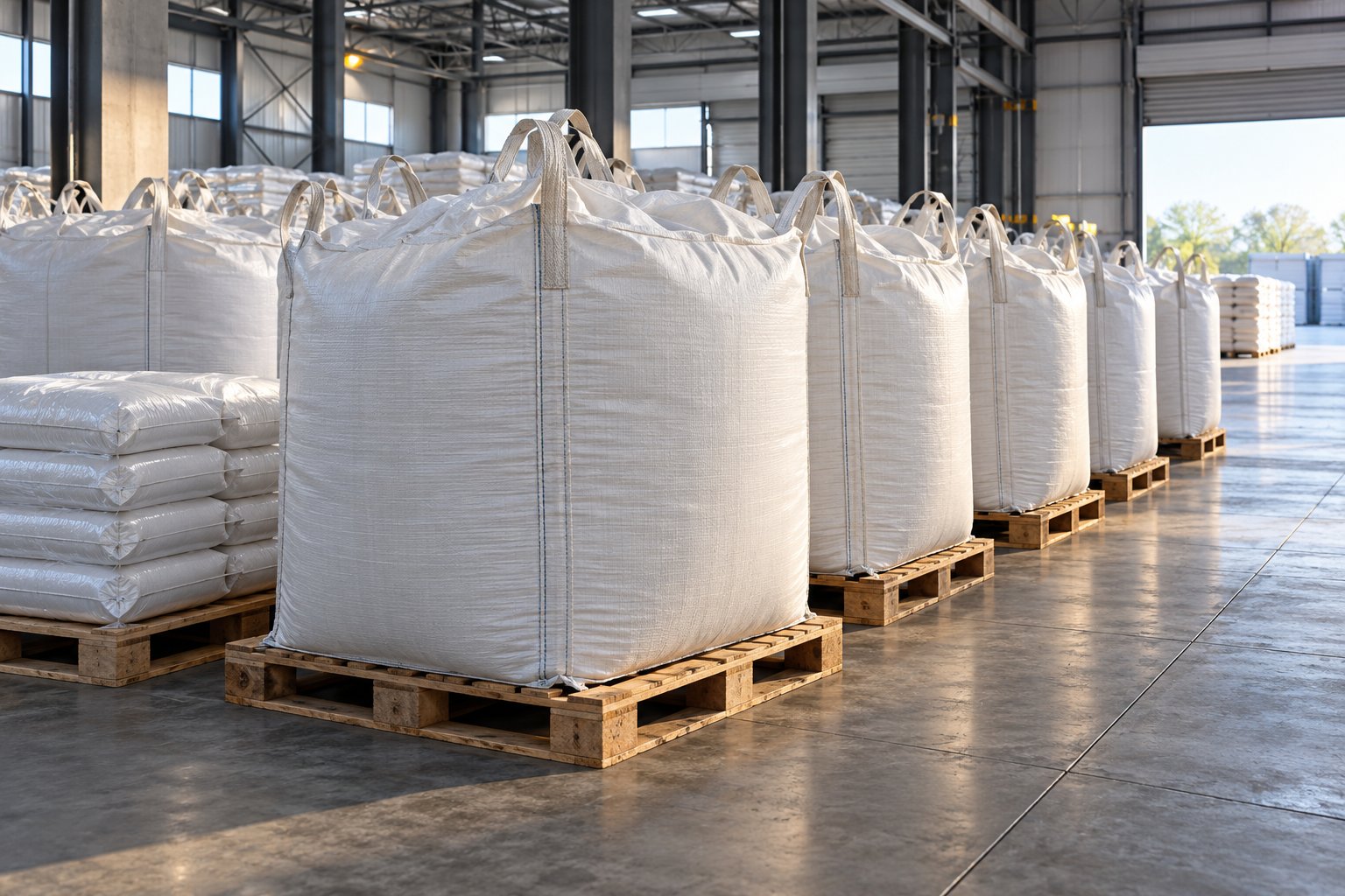 Representative warehouse scene with woven bulk bags and palletized sacks
