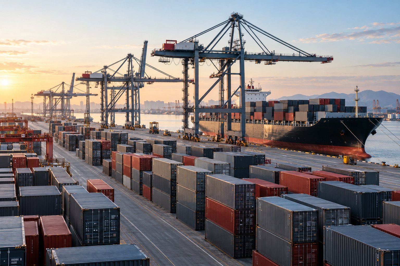 Representative container terminal with cargo ship and loading cranes
